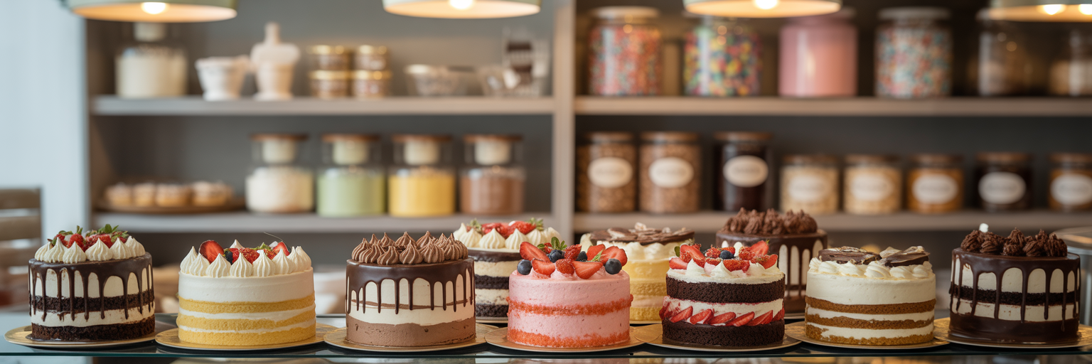 Vitrine com bolos altos e fartos da Sodiê Doces na Vila Mariana